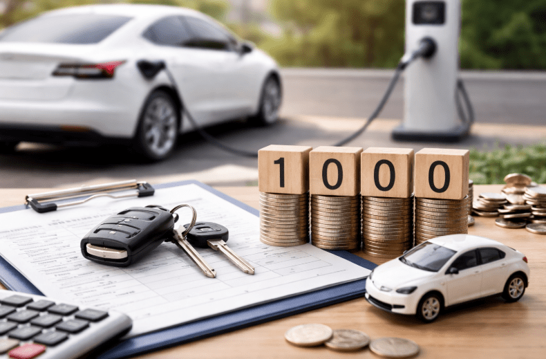 En elbil holder parkeret. Der er selvrisiko, bilnølge og lille model af bil