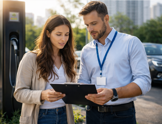 Kvinde og mand står og læser ansvarsforsikring