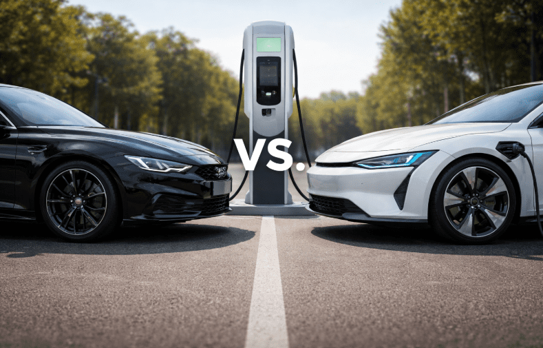 En sort benzinbil holder overfor en hvid elbil