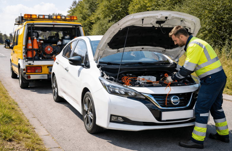 En mand starter en hvid Nissan elbil - vejhjælp