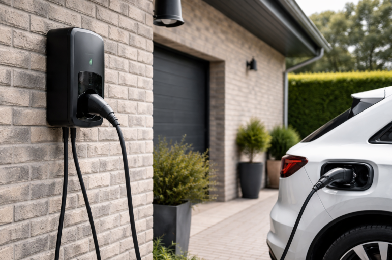 En hvid elbil er til oplading via hjemmelader